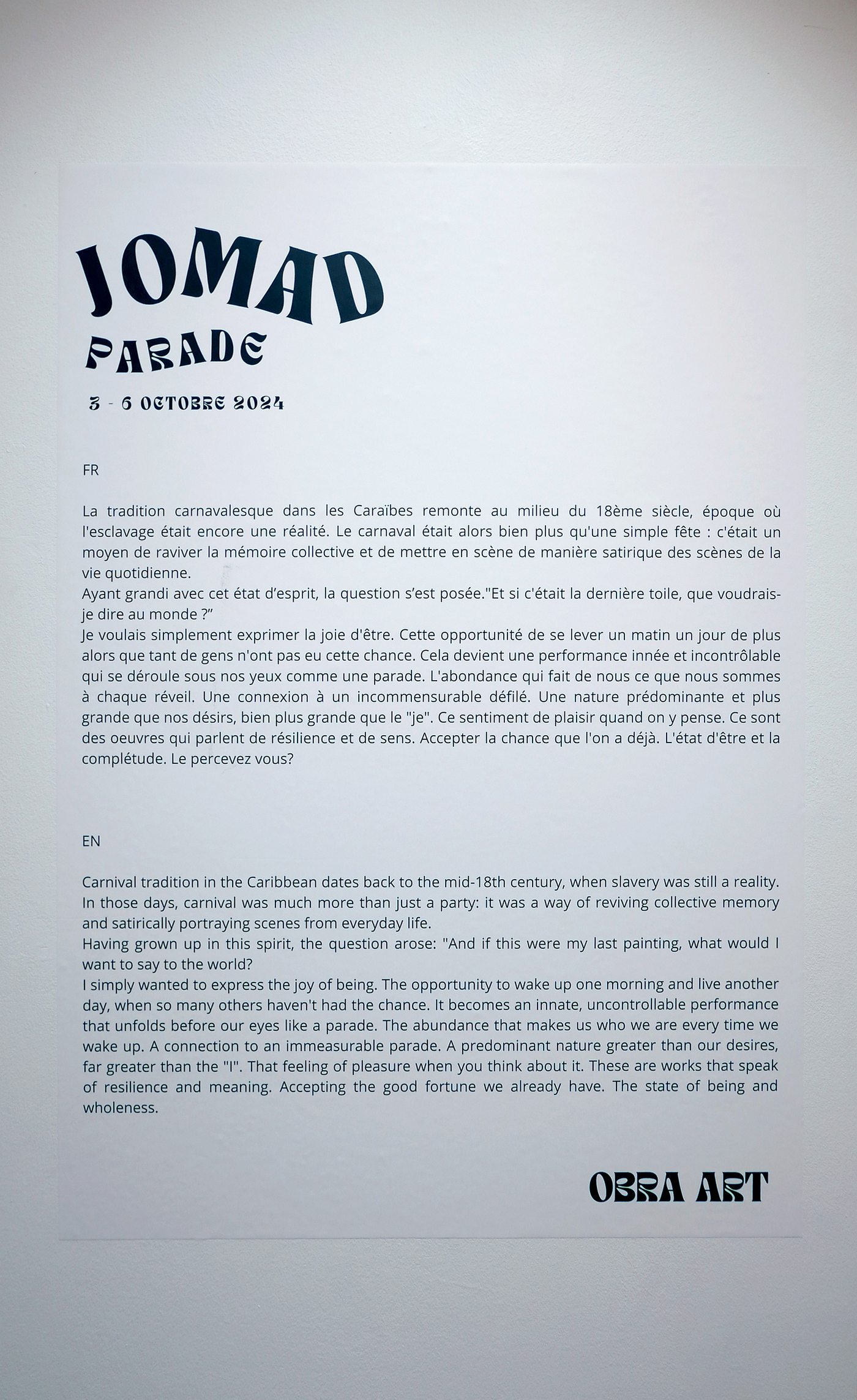 Jomad Parade exhibition text, Paris